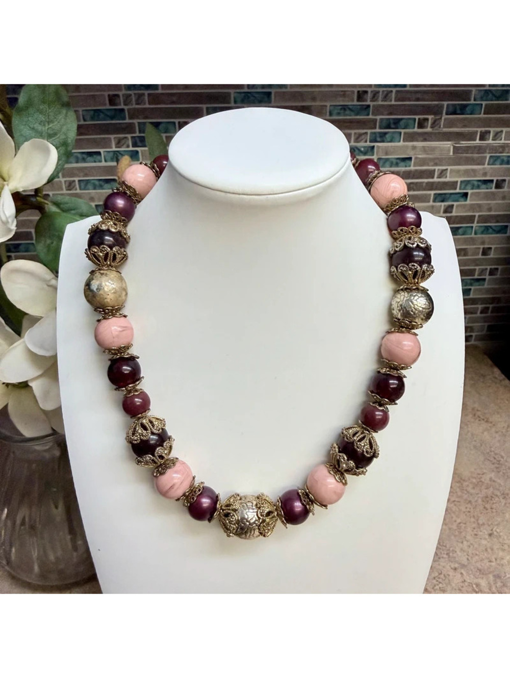 Vintage Chunky Statement Necklace Pink Purple Maroon Pearl Beads Gold Filigree